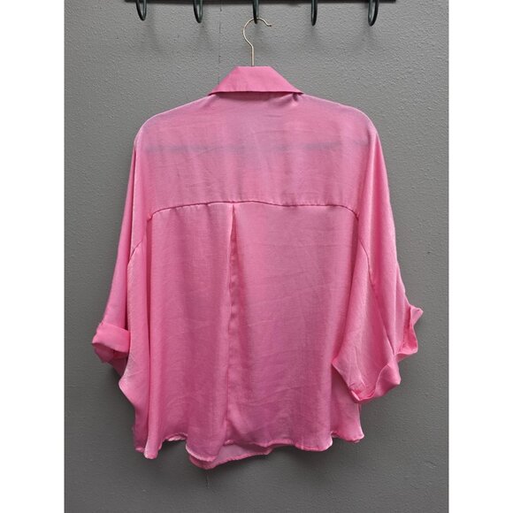 Andree By Unit Shirt Womens Large Pink Sheer Oversized Blouse Button Pocket Top - Picture 5 of 10